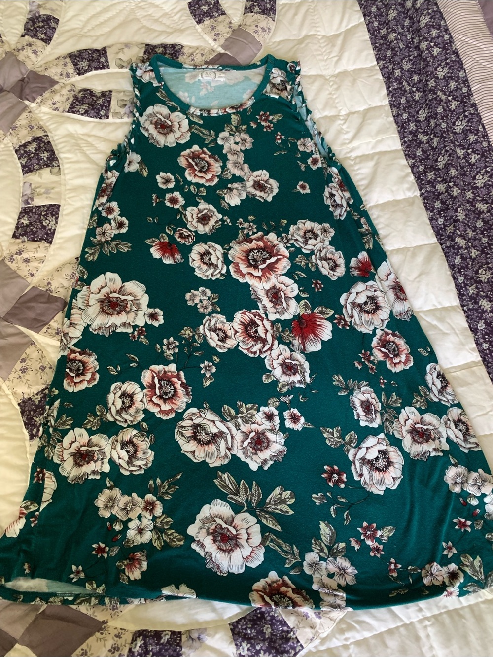 Maurices Teal Floral Midi Dress with Cream and Burgundy Blooms